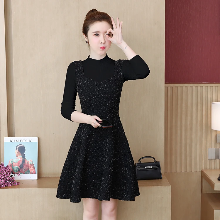 

2019 New Autumn Women dress Spaghetti Strap Small Sweet Wind Bright Silk Sweater Straps Tweed Dresses White Black 6252