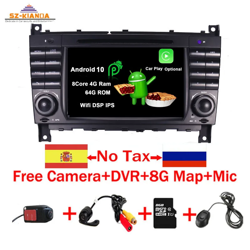В наличии Android 10 автомобильный DVD плеер для Mercedes Benz W203 W209 W219 A Class A160 C C180 C200 CLK200 C230 GPS