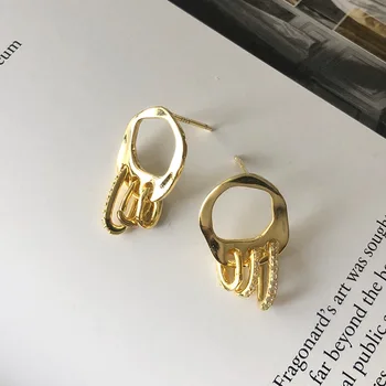 

Irregular Polycyclic Zircon Earring Real 925 Sterling Silver Women Stud Earring Gold Round Circle Korea Women 925 Silver Earring