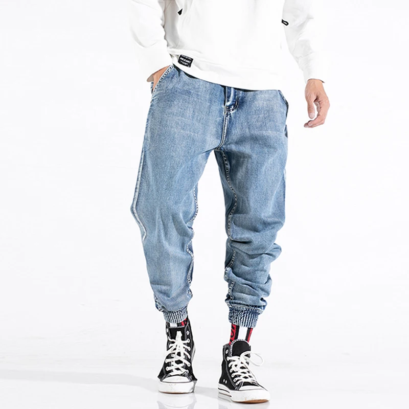 Fashion Streetwear Men Jeans Blue Spliced Designer Loose Fit Denim Cargo Pants Harem Jeans Streetwear Hip 5