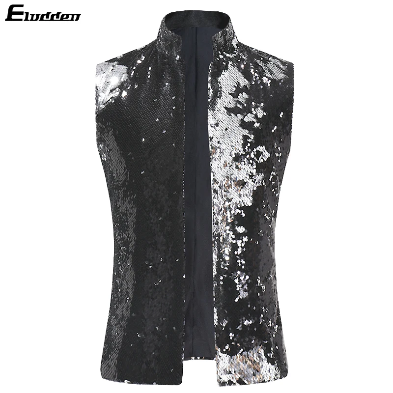 Black-Silver Мужской костюм, пиджак, жилет, двухсторонний, цветной, с блестками, смокинг, вечерние, для шоу, жилет, двухсторонний, два цвета, с блестками, жилет - Цвет: Black-Silver