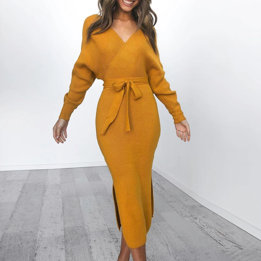 

LOOZYKIT 2019 New Autumn Women Knitted Sweater Dress Wrap Belted Tunic Vestidos Long Sleeve Double V Neck Split Casual Dresses