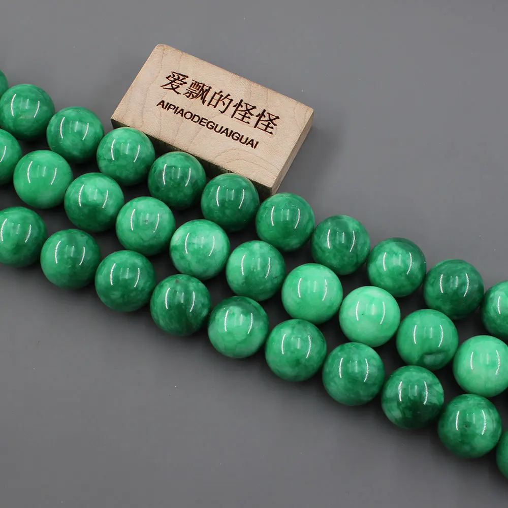 APDGG Natural Stone 14MM Smooth Round Green Jade Nephrite Loose Beads 15.5
