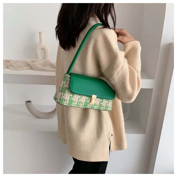 Winter Wool Plaid Small Shoulder Bag for Women Modern Handbags Mini Baguette Bags PU leather Lock Tote Black White Red Green Bag (9)