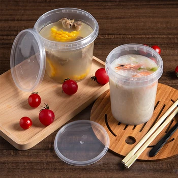 

10 pcs/Set 500/700 ML Disposable Plastic Takeaway Soup Cup Containers Food Box with Hinged Lids Box Reusable Microwave