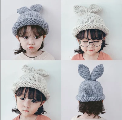 Детская шапка, вязаная вручную шерстяная шапка, детская осенне-зимняя теплая шапка с заячьими ушками для мальчиков и девочек, однотонный детский головной убор в Корейском стиле с героями мультфильмов