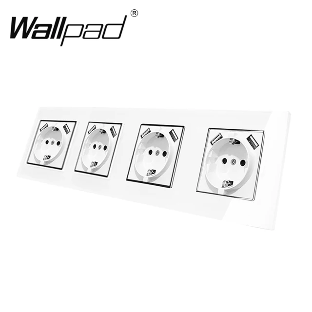 Double EU Schuko Power Socket with Double USB Charging Ports 5.1DC 2.1A For EU Round Box Wallpad 156*86mm EU Outlet with USB 4 White Glass