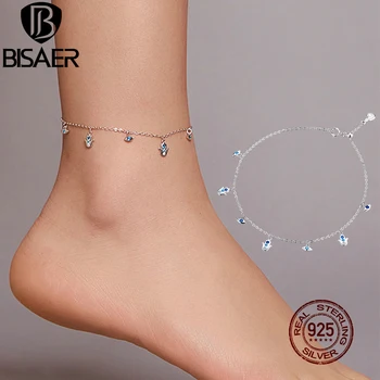 

BISAER Hamsa Fatima Hand Anklets 925 Sterling Silver Lucky Eyes Zircon Foot Chain Anklets For Women Feet Leg Link Jewelry EFT004