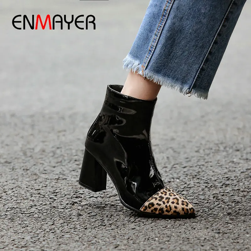 

ENMAYER 2019 Ankle Boots for Women Pointed Toe Slip-On Patent Leather Hoof Heels Winter Patchwork Faux Suede Slim Boots 34-43