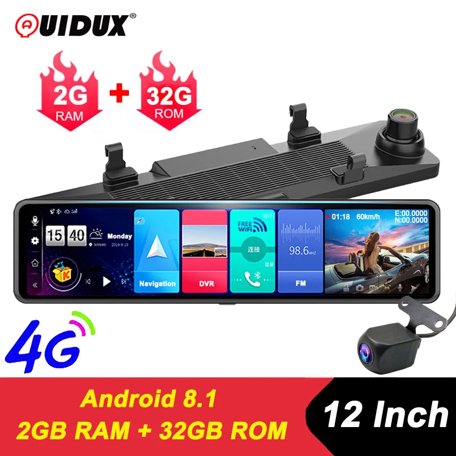 QUIDUX NEW ADAS 4G 12&quot IPS Car DVR Camera mirror Dash cam Video Recorder FHD 1080P Android 8.1 Rear View Mirror WiFi GPS 2G+32GB |