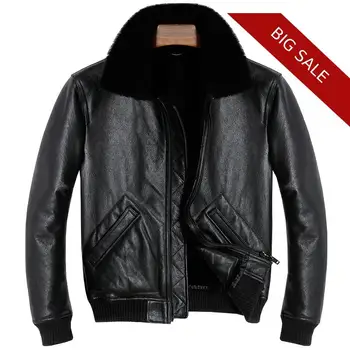 

2020 Black Men Casual Natural Pilot Shearling Coat Plus Size XXXL Winter Thick Genuine Russian Aviator Shearling Jacket