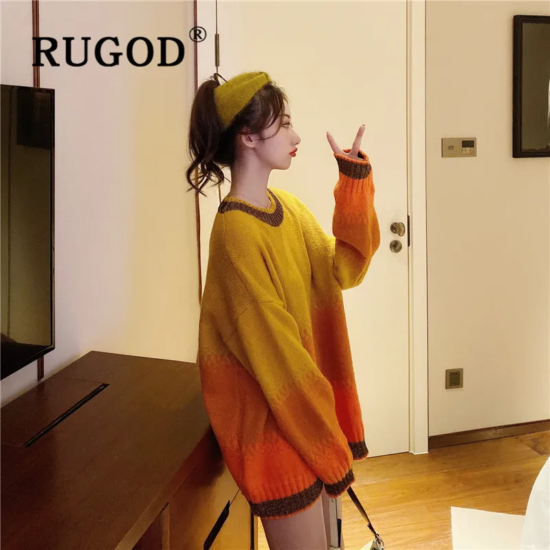 RUGOD Женский вязаный свитер с золотой нитью градиентного цвета с круглым вырезом и длинными рукавами Свободный Длинный свитер корейский шикарный модный свитер