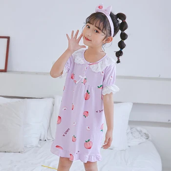 

BIG Girl Summer Short Sleeve Cotton Sleepwear Dress Cute Print Girl NightDress Kids Cloth Young Girl Sleepwear Free Hair Band