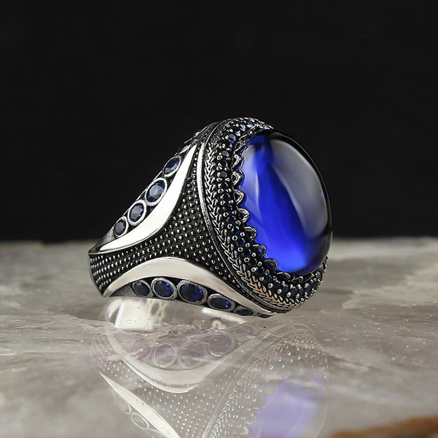 Silver Color Turkish Handmade Engraving Pattern Men's Ring Inlaid Big Blue Zircon Ring Gothic Punk Ring Muslim Jewelry