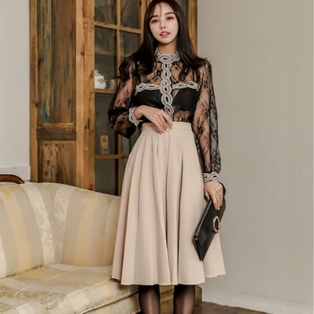 

New Spring Autumn 2 piece set women two piece OL Korean black lace patchwork see-through shirt blouse + slim big swing skirt set