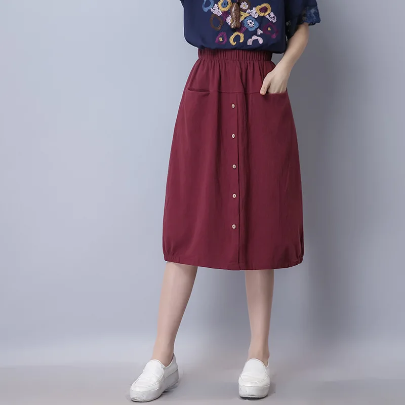 

2018 Summer New Style Cotton Linen WOMEN'S Dress Solid Color Versatile Literature And Art Elastic Waist Women's Casual Skirt