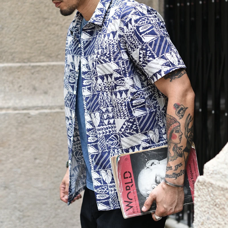 Saucezhan mens shirts men summer shirts Short sleeve Printed shirt Hawaiian shirt Pure cotton Comfortable and breathable