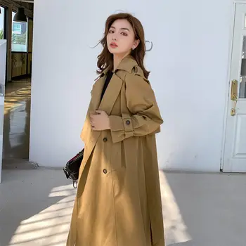 

Patch Sashes Oversize Windbreaker Women's Mid-length 2020 Spring and Autumn New British Loose Trench Coat Lady Streetwear r304