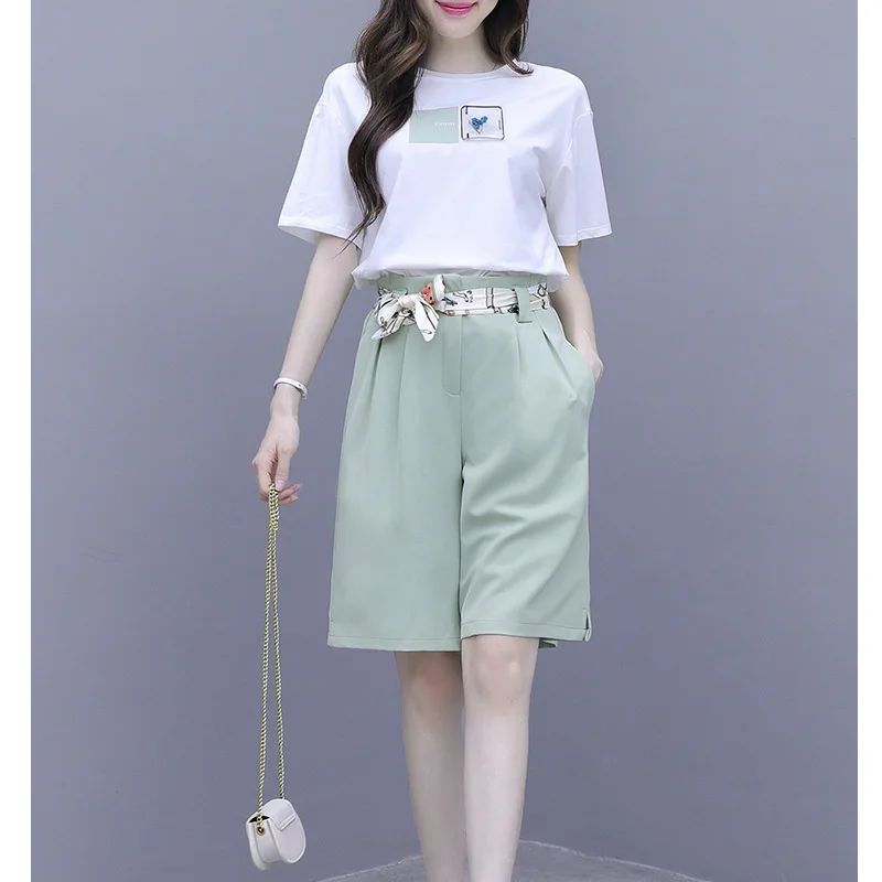 

Two-Piece Set Western Style by Age Trousers 2019 New Style Summer Online Celebrity Fashionable Matcha Green Short Loose Pants WO