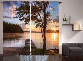 

Wooden Bridge Decor Collection Shore of Seventh Lake Tree Sunbeam Sunset Reflection View Picture Window Treatments Living Room