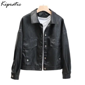 

New Loose Single-breasted Ladies PU Leather Jacket Turn-down Collar Short Motorcycle Jacket Faux Leather Women Black Coat