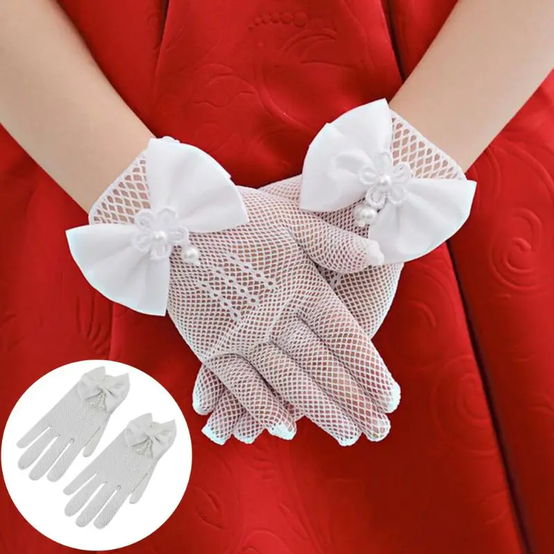 Платье из сетчатой ткани с бантом, для девочек в цветочек белый перчатки для девочек; свитер для детей принцессы перчатки для девочек, для маленьких принцесс, сетчатые перчатки