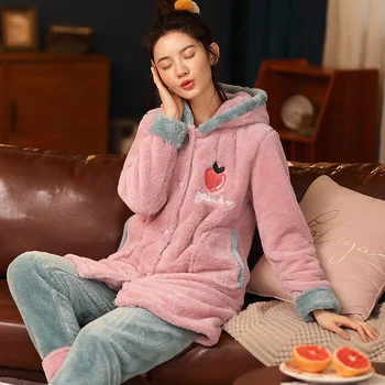 

Flannel Winter Pajamas Coral Fleece Nightgown Women Sleepwear Collar Loose Version Keep Warm Hooded Medium Style Intensification