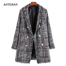 Осенне-зимнее женское пальто, повседневная элегантная клетчатая куртка с длинным рукавом, винтажные куртки с жемчугом и кисточками, твидовые шерстяные пальто