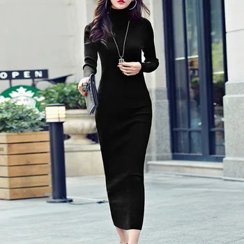 

Winter pullover sweater dresses maxi dresses long sleeve warm long dress turtleneck sweter clothes office ladies sweaters