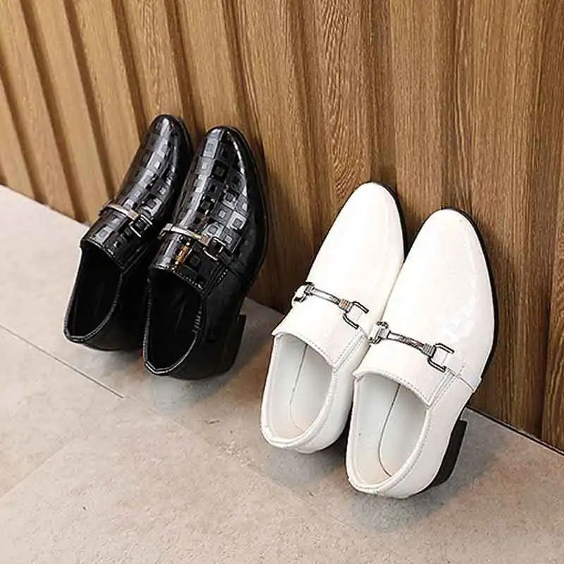 Boys England Fashion Leather Shoes Pointed Toe Formal Dress Shoes Party Wedding Dance Students Single Shoes Black White Flats