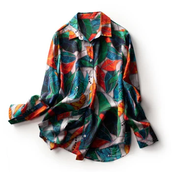 

100% Silk Shirt Turn Down Collar Long Sleeves Printed Fashion Casual Shirt Blouse