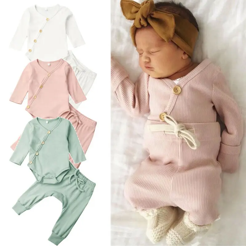 Комплект из 2 предметов для новорожденных детей 0-18 месяцев, вязаный полосатый комбинезон с длинными рукавами, длинные штаны, зимняя Пижама для мальчиков и девочек, комплект одежды
