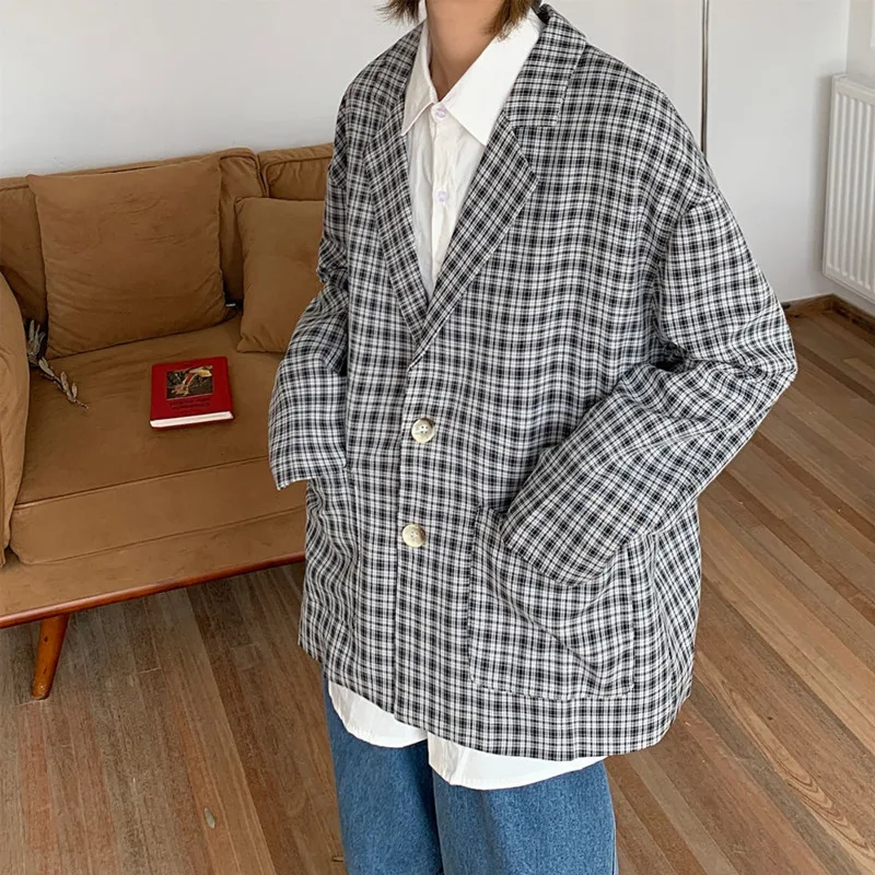 

Autumn Korean Plaid Blazer Men's Fashion Retro Business Casual Suit Jacket Men Streetwear Wild Loose Dress Jackets Mens M-XL