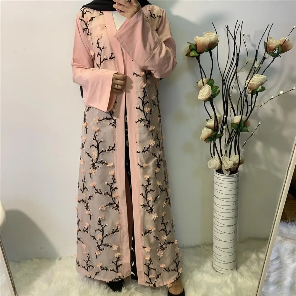 Женский кардиган с цветочной 3D вышивкой Abaya розовый марокканский Макси-кардиган