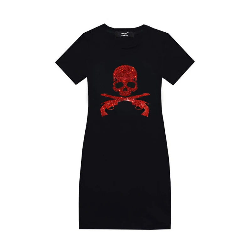 

Punk style Skull print Womens rhinestone Dress Fall 2019 thick loose mini shirt Dress plus size black office lady Dress Vestidos