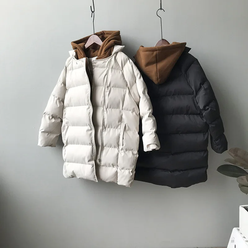 Lugentolo, Женское пальто, Зимняя парка, корейский стиль, с капюшоном, поддельные, два предмета, теплые, одноцветные, свободные, на молнии, с карманами, средней длины, парки