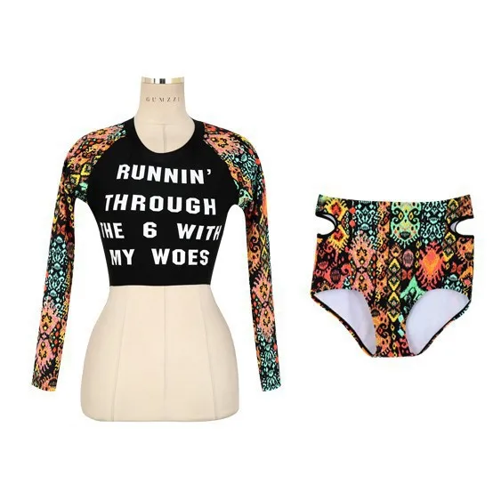 

2017 New Style Lettered South Korea Three-piece Set High-waisted Boxer Long Sleeve Sun-resistant Jellyfish Clothing Diving Suit