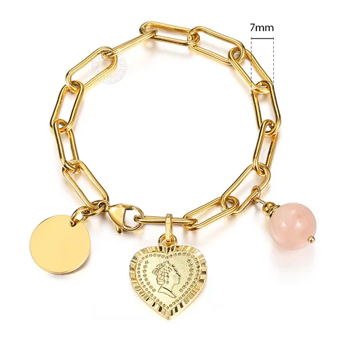 Engraved Charm Bracelet Gold Queen Pink Elizabeth Bead Stone Paperclip Link Chain On Hand Unique Gift for her DB313