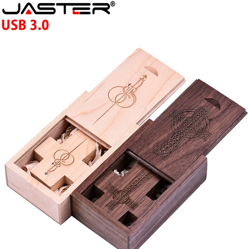 

JASTER USB 3.0 customer LOGO wooden Cross USB+box USB Flash Drive memory stick pendrive 16GB 32GB 64GB Crosses Flash drive gift