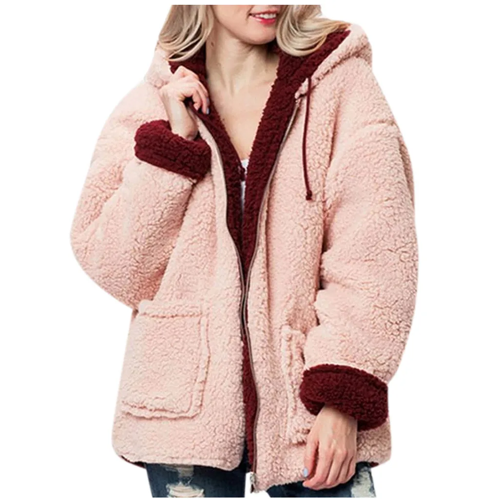 

2019 FashionWinter Jacket And Coat Women Solid Faux Fur Hooded Plush Zipper Blouse Pocket Reversible Coats Chaquetas Mujer 2019