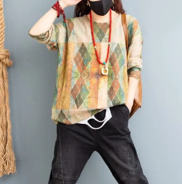 

New knit sweater O-neck loose large size wild long-sleeved retro art print autumn and winter women's pullover T