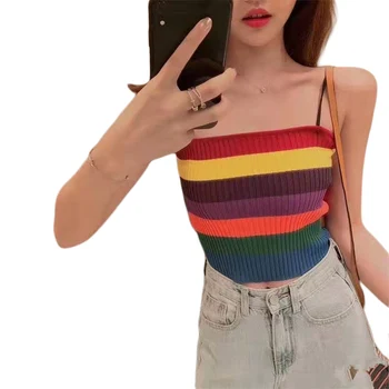 

High quality Women's Fashion Rainbow Striped Spaghetti Belt Camisole Crop Top Sleeveless Camisole