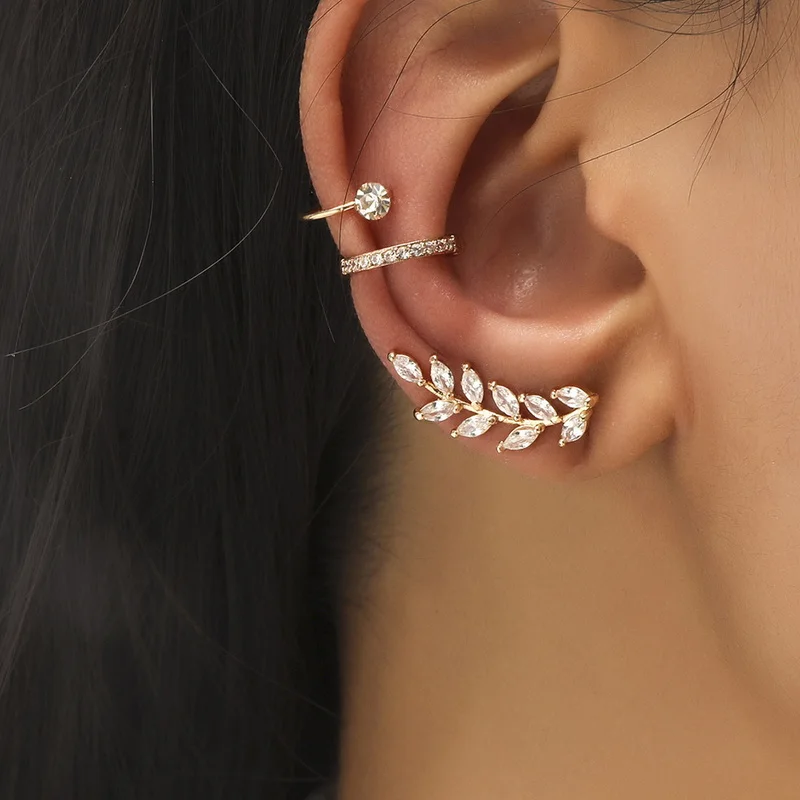 2021 New Ear Clip Bohemian Gold Color Ear Cuffs Zircon Leaf Clip Earrings For Women Climbers Stud Earring Fashion Accessories 