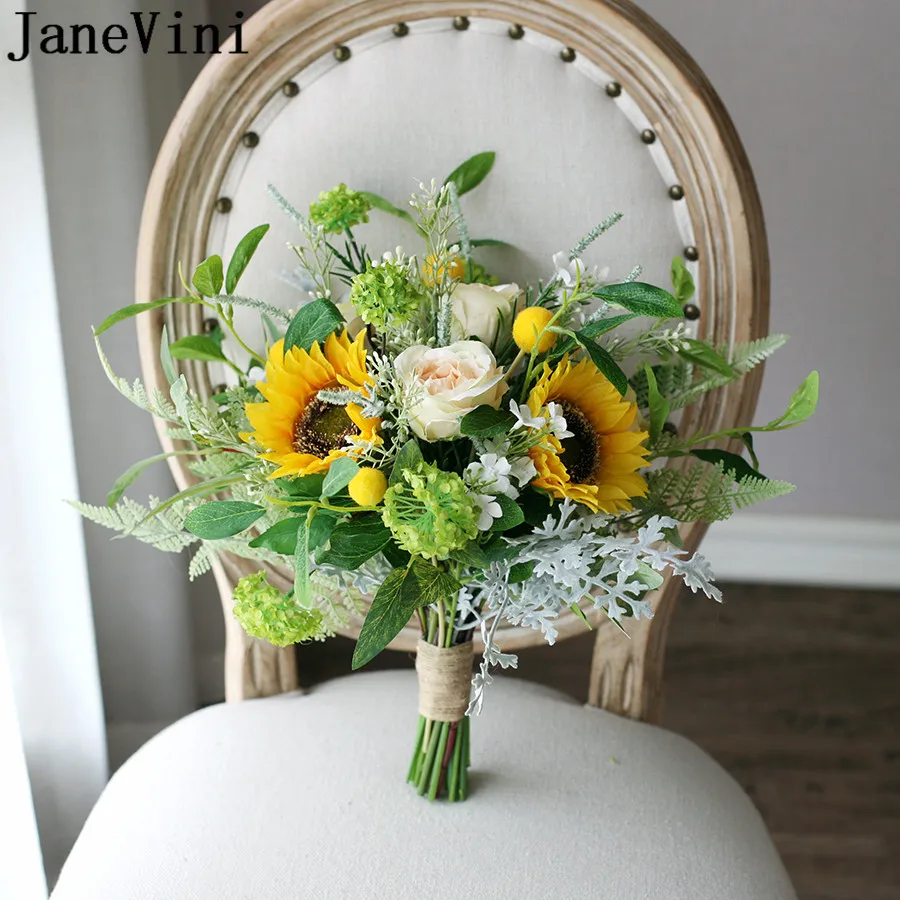 

JaneVini Artificial Yellow Sunflower Wedding Bridal Bouquets Silk Roses Green Bride Flowers bouquet de fleurs artificielles 2020
