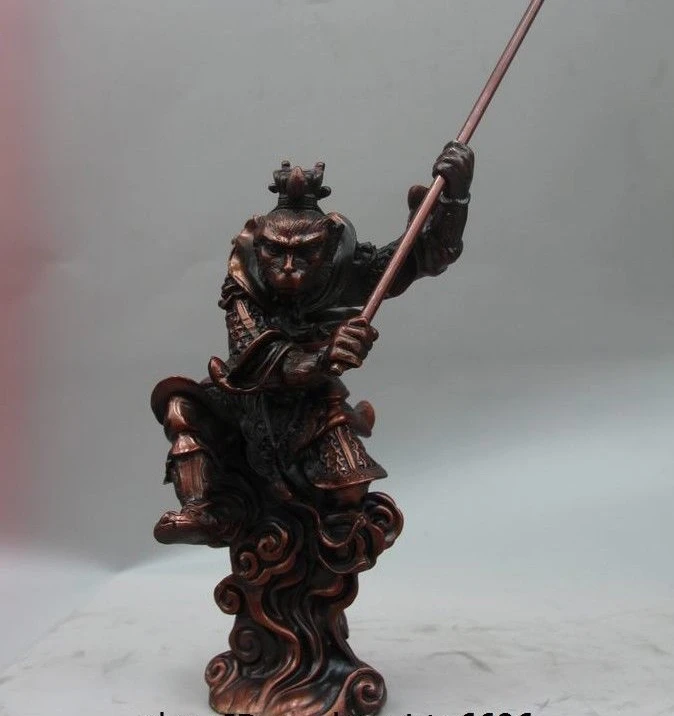 Китайский буддийский красная медь бронза резные Sunwukong Обезьяна Король Статуэтка