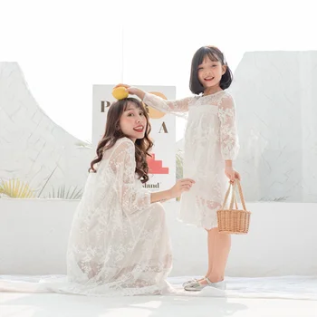 

Mother Daughter Dresses 2019 Lace Hollow Mother Daughter Matching Clothes Family Look Girl and Mom Clothing Loose Dress Elegant