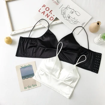 

Sleeping Brassiere Women Satin Silk Bralette Back Lace Tube Top Sexy Solid Crop Top Strap Padded Bra Black and White
