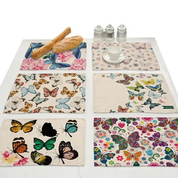 

Butterfly Flowers Linen Decorative Print Placemats for Dinner Table Mat Flower Design Kitchen Nordic Accessories Drink Coasters