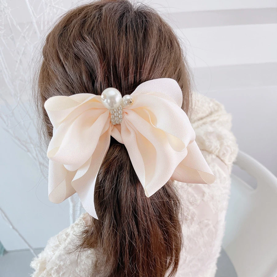 Bowknot Pearl Barrettes Clips Women Ribbon Hair Accessories