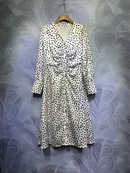 

2020 runway designer women white black color block printed autumn long sleeve dresses v-neck single breasted midi dress y343